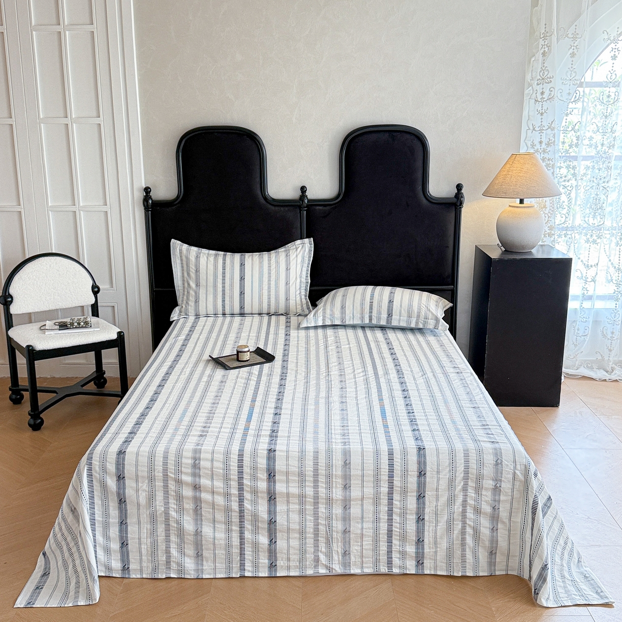 91家纺网 家纺一手货源 找家纺 眠博士 2025新款A类立体穿线提花纯棉单床单 提花股线床单-素简 蓝