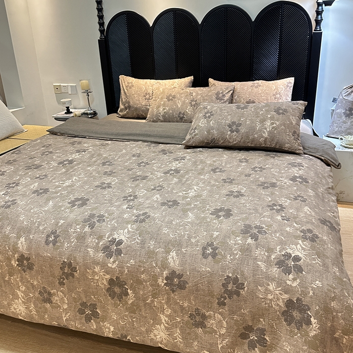 美丽坊 2025新款仿棉麻亚麻质感复古原麻四件套（配同花色布袋五件套） 墨染