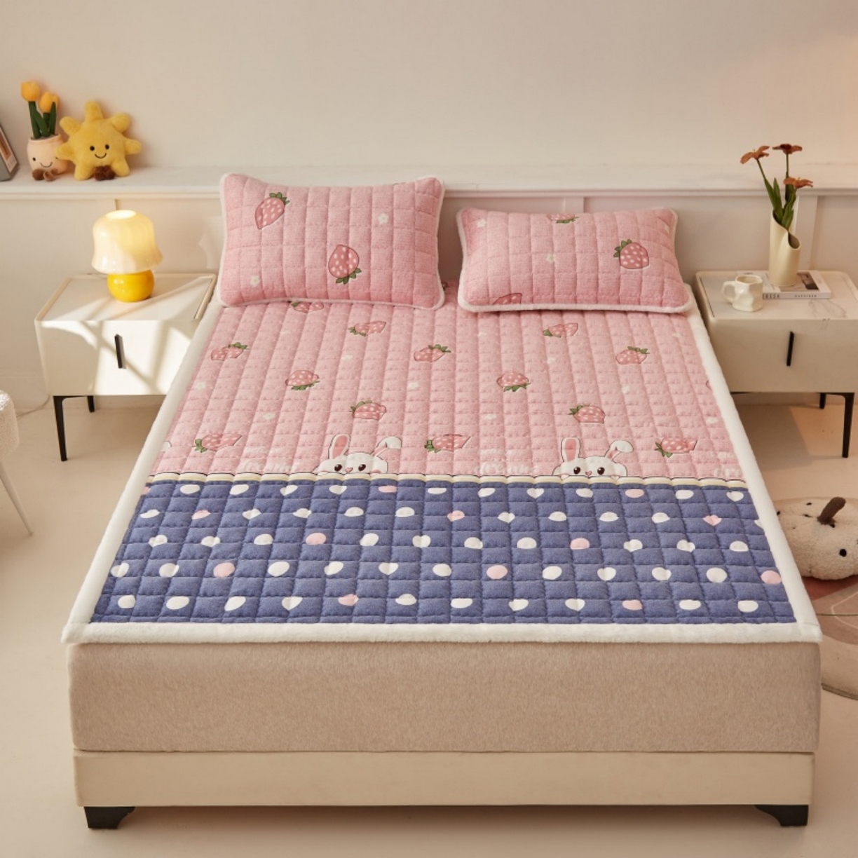 91家纺网 家纺一手货源 找家纺 （总）东宇床垫 2025新款A类牛奶绒印花直角防滑床垫床褥三件套-成人款