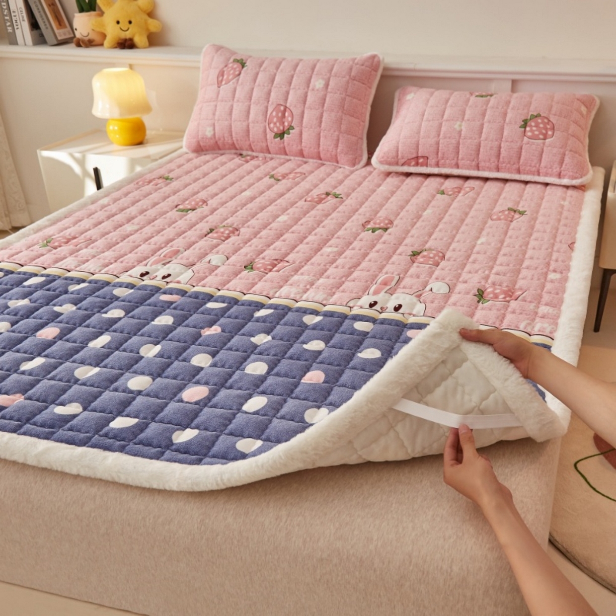 91家纺网 家纺一手货源 找家纺 东宇床垫 2025新款A类牛奶绒印花直角防滑床垫床褥三件套-成人款 草莓兔兔