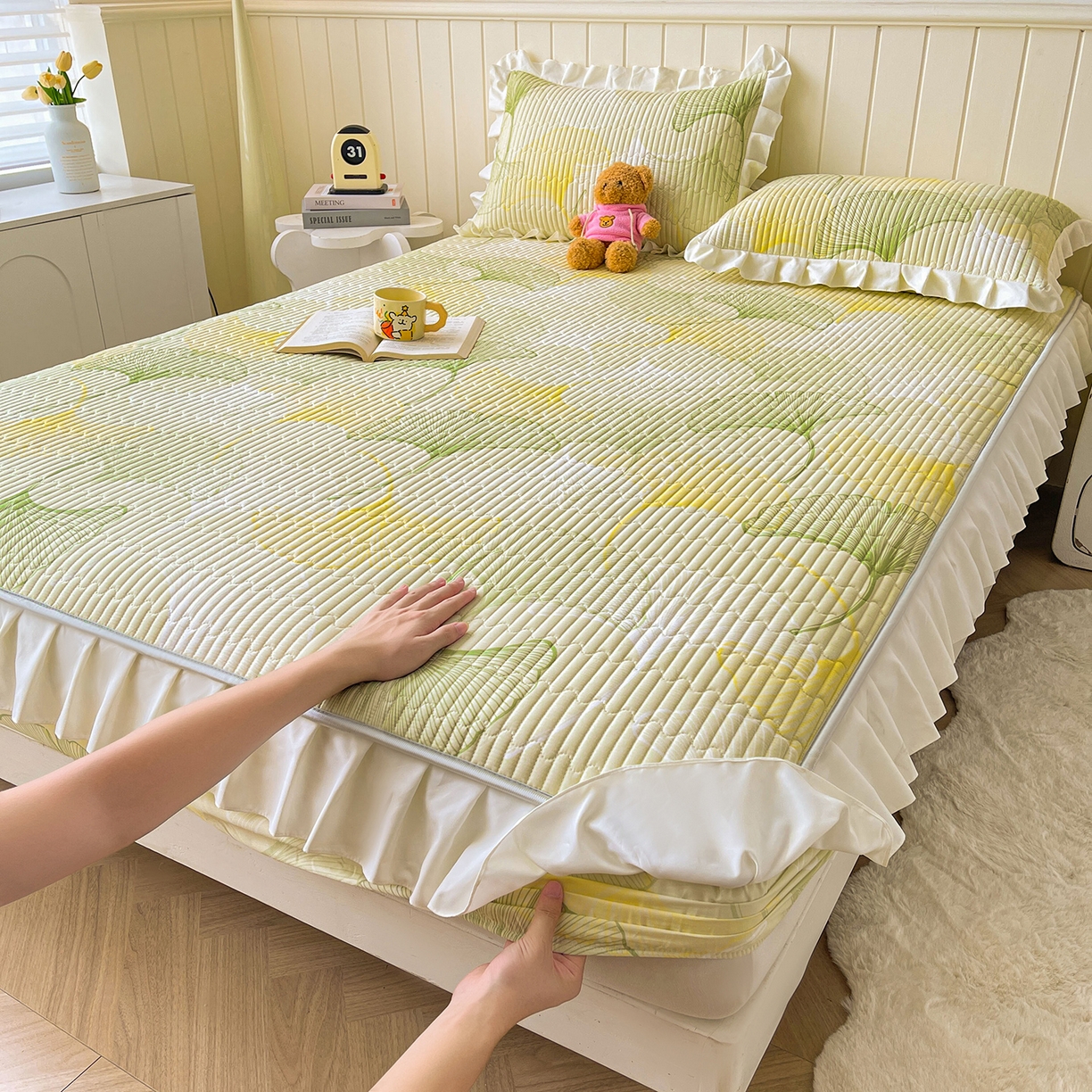 91家纺网 家纺一手货源 找家纺 伊人坊2025新款A类唯美纯棉印花夹棉床笠 纯棉+叶彩