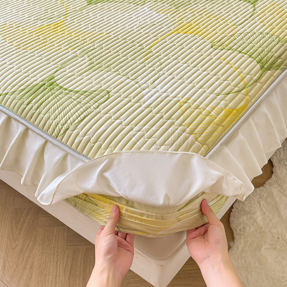 91家纺网 家纺一手货源 找家纺 伊人坊2025新款A类唯美纯棉印花夹棉床笠 纯棉+叶彩