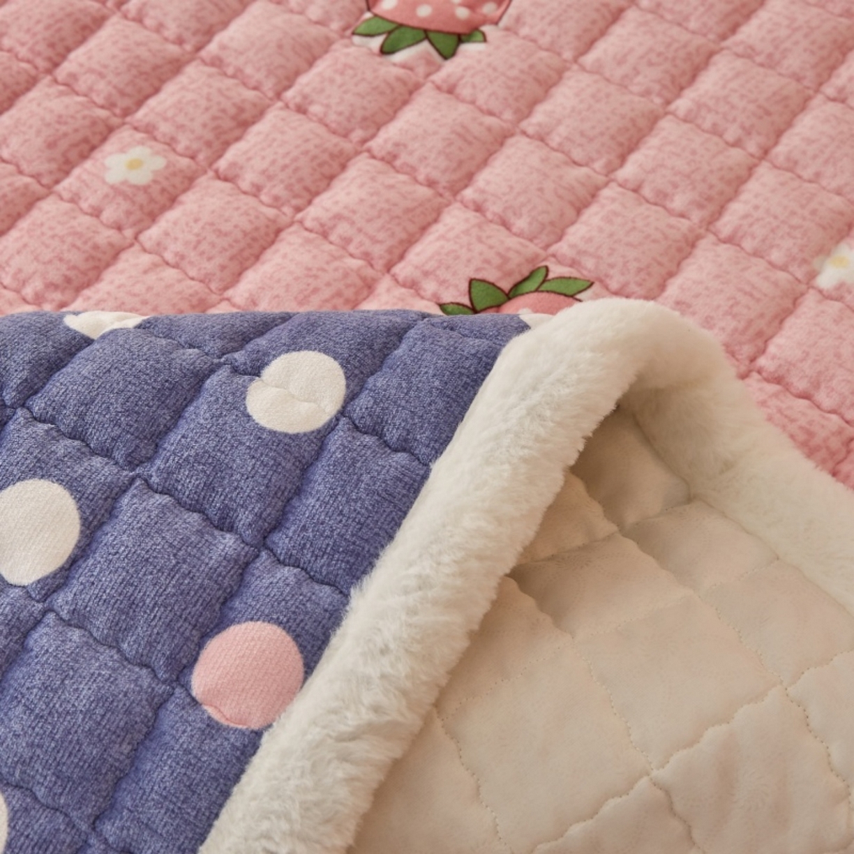 91家纺网 家纺一手货源 找家纺 东宇床垫 2025新款A类牛奶绒印花直角防滑床垫床褥三件套-成人款 草莓兔兔