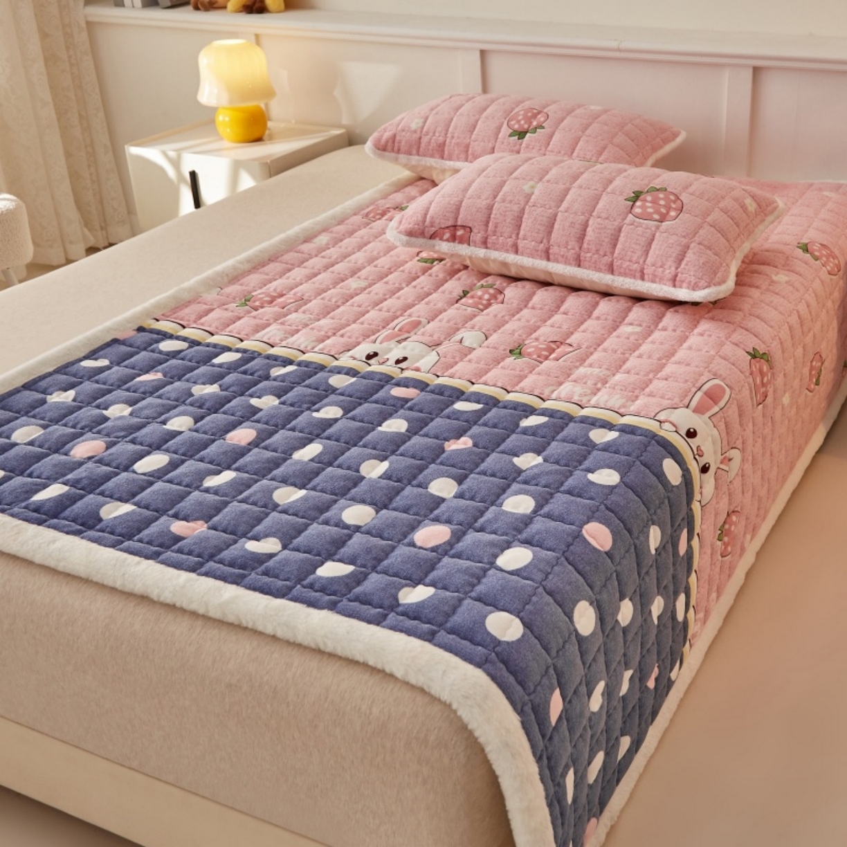 91家纺网 家纺一手货源 找家纺 东宇床垫 2025新款A类牛奶绒印花直角防滑床垫床褥三件套-成人款 草莓兔兔