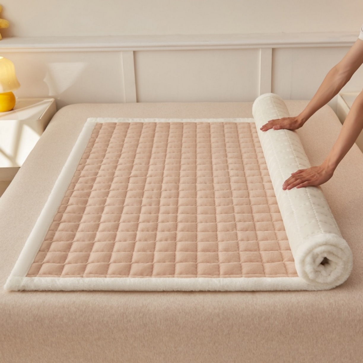 91家纺网 家纺一手货源 找家纺 东宇床垫 2025新款A类牛奶绒印花直角防滑床垫床褥三件套-成人款 暖棕格