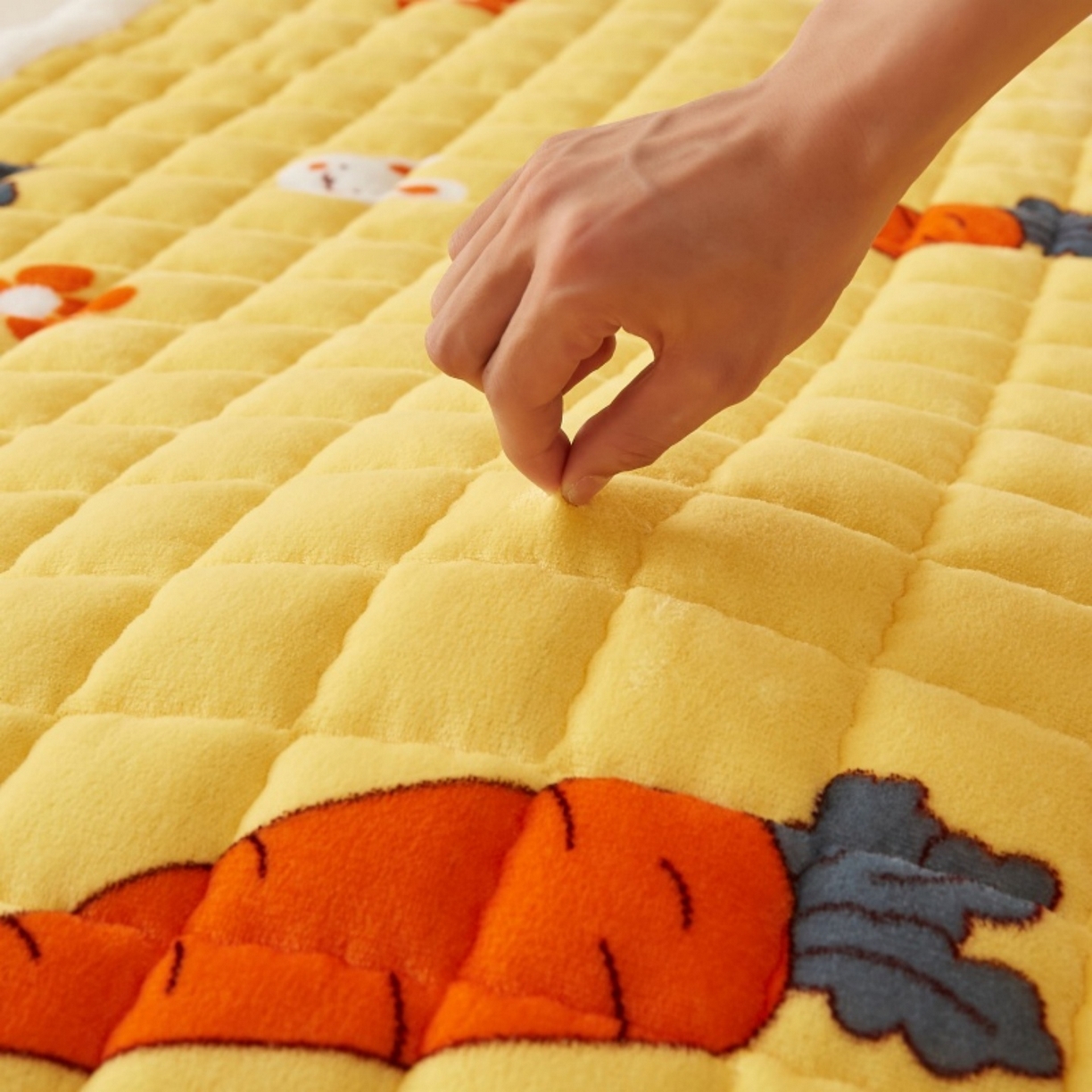 91家纺网 家纺一手货源 找家纺 东宇床垫 2025新款A类牛奶绒印花直角防滑床垫床褥三件套-成人款 兔萝花园