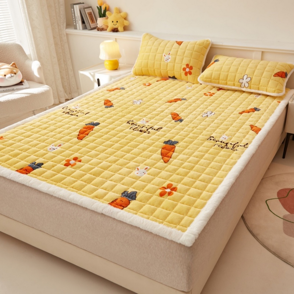 91家纺网 家纺一手货源 找家纺 东宇床垫 2025新款A类牛奶绒印花直角防滑床垫床褥三件套-成人款 兔萝花园