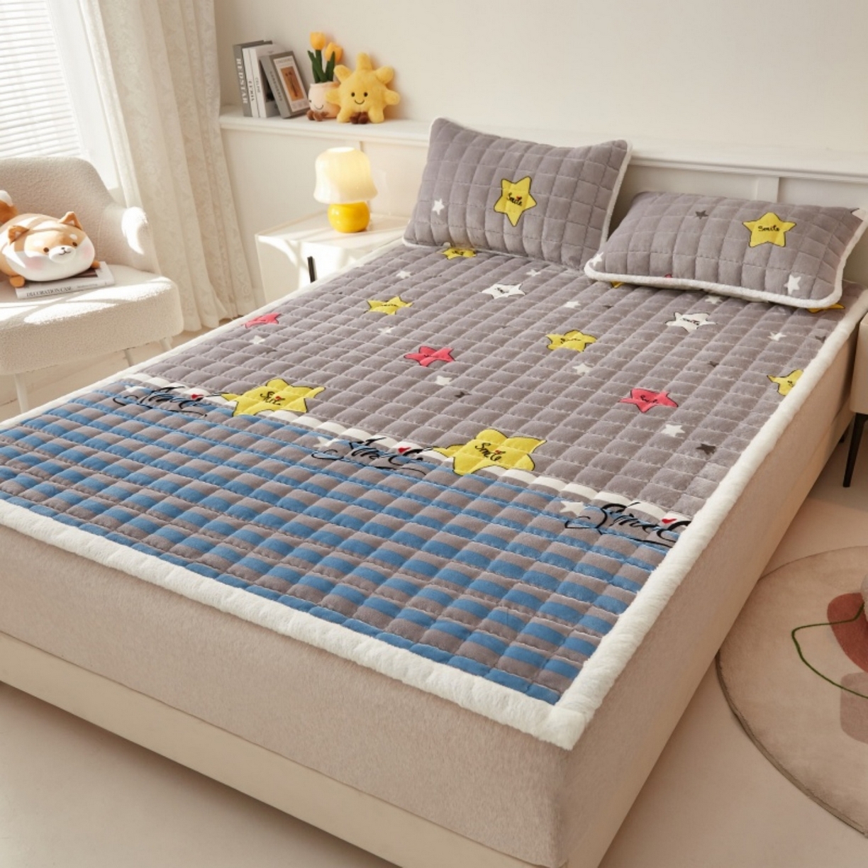 91家纺网 家纺一手货源 找家纺 东宇床垫 2025新款A类牛奶绒印花直角防滑床垫床褥三件套-成人款 五彩星空