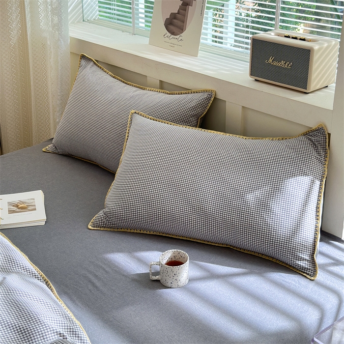 91家纺网 家纺一手货源 找家纺 （总）晚依家纺2025新款A类全棉色织水洗棉枕套单件纯棉格子纯色学生宿舍被罩定制定做