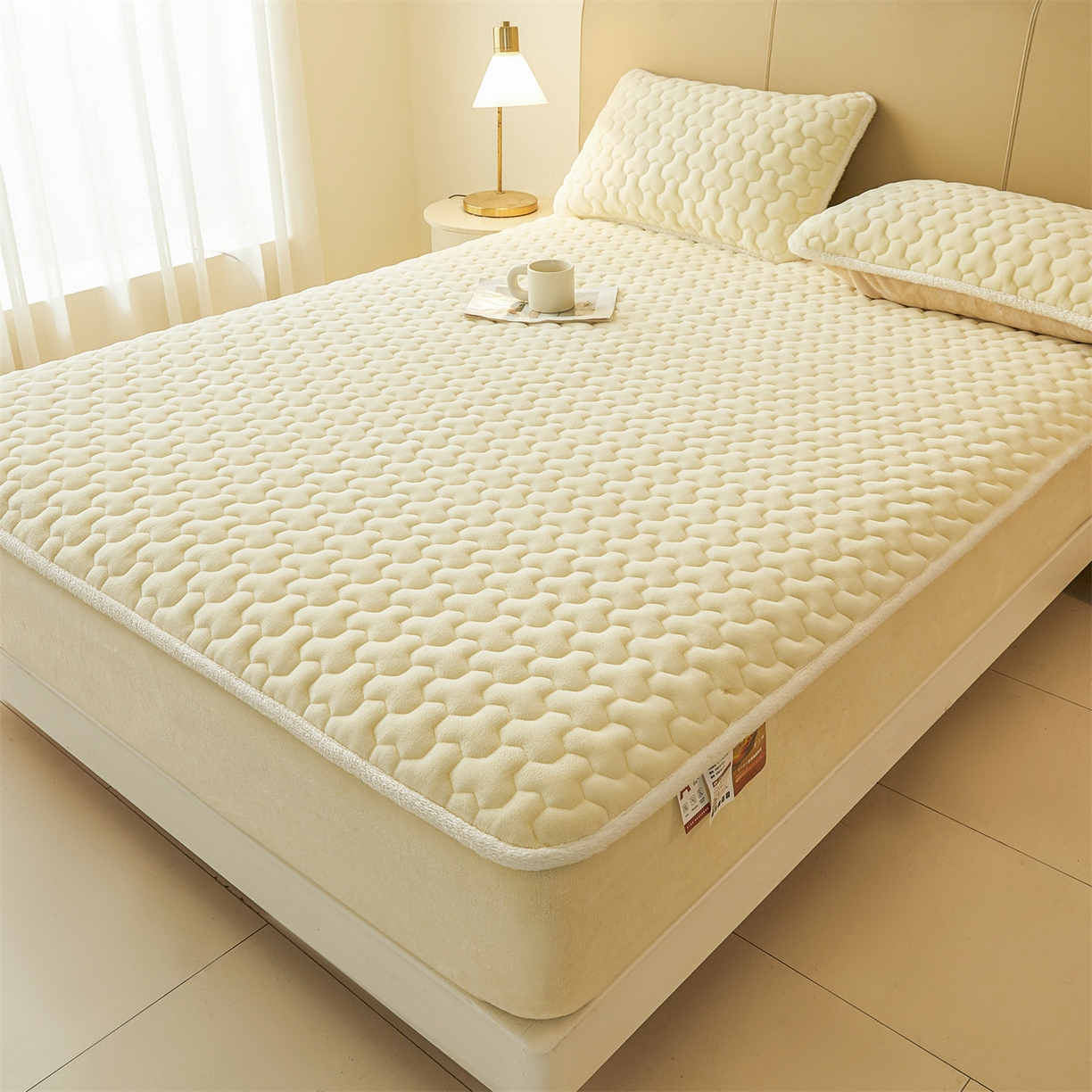 91家纺网 家纺一手货源 找家纺 雯豆家纺 2025冬季新款纯色素色牛奶绒夹棉床笠三件套保暖席梦思保护套牛奶绒夹棉床笠-点黄