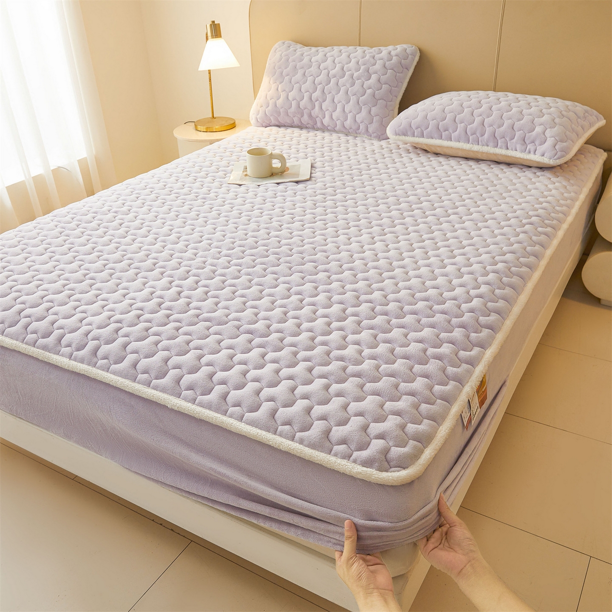 雯豆家纺 2025冬季新款纯色素色牛奶绒夹棉床笠三件套保暖席梦思保护套牛奶绒夹棉床笠-雪青