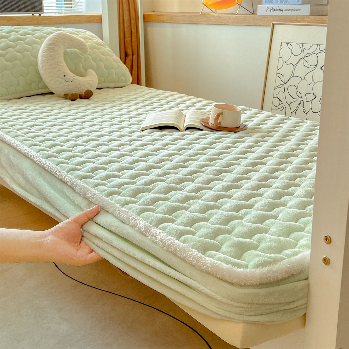 91家纺网 家纺一手货源 找家纺 雯豆 2025冬季新品牛奶绒夹棉床笠大学生床垫保护套纯色素色床罩牛奶绒夹棉床笠-薄荷绿