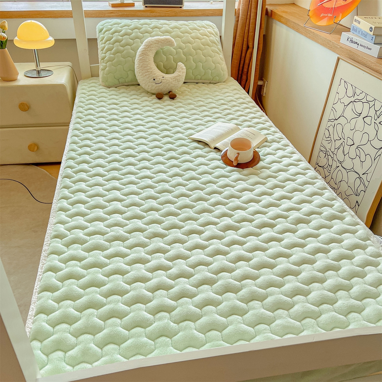 91家纺网 家纺一手货源 找家纺 雯豆 2025冬季新品牛奶绒夹棉床笠大学生床垫保护套纯色素色床罩牛奶绒夹棉床笠-薄荷绿