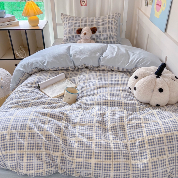 91家纺网 家纺一手货源 找家纺 玉海棠家纺 2025新款云感双层纱提花学生宿舍三件套上下铺三件套 定格时光