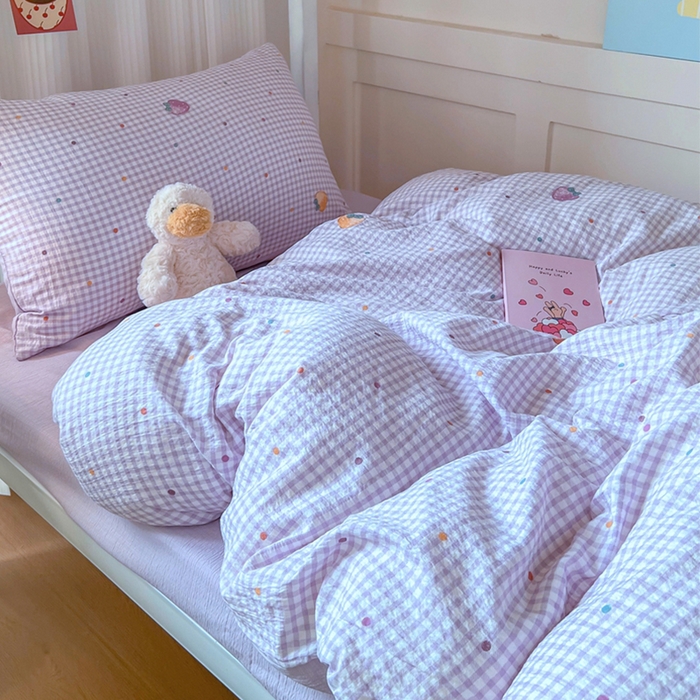 91家纺网 家纺一手货源 找家纺 玉海棠家纺 2025新款云感双层纱提花学生宿舍三件套上下铺三件套 草莓甜心