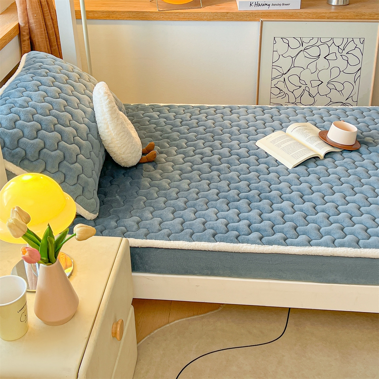 91家纺网 家纺一手货源 找家纺 雯豆 2025冬季新品牛奶绒夹棉床笠大学生床垫保护套纯色素色床罩牛奶绒夹棉床笠-碧海蓝