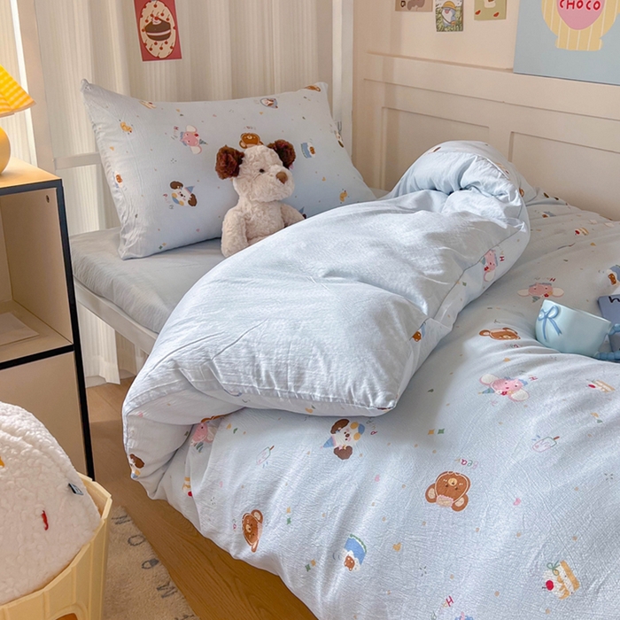 91家纺网 家纺一手货源 找家纺 玉海棠家纺 2025新款云感双层纱提花学生宿舍三件套上下铺三件套 动物狂欢会蓝