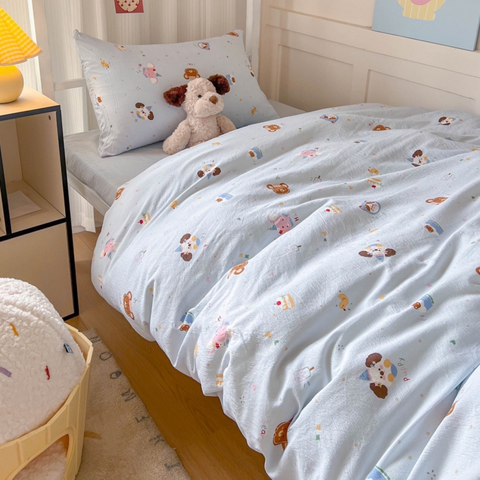 91家纺网 家纺一手货源 找家纺 玉海棠家纺 2025新款云感双层纱提花学生宿舍三件套上下铺三件套 动物狂欢会蓝