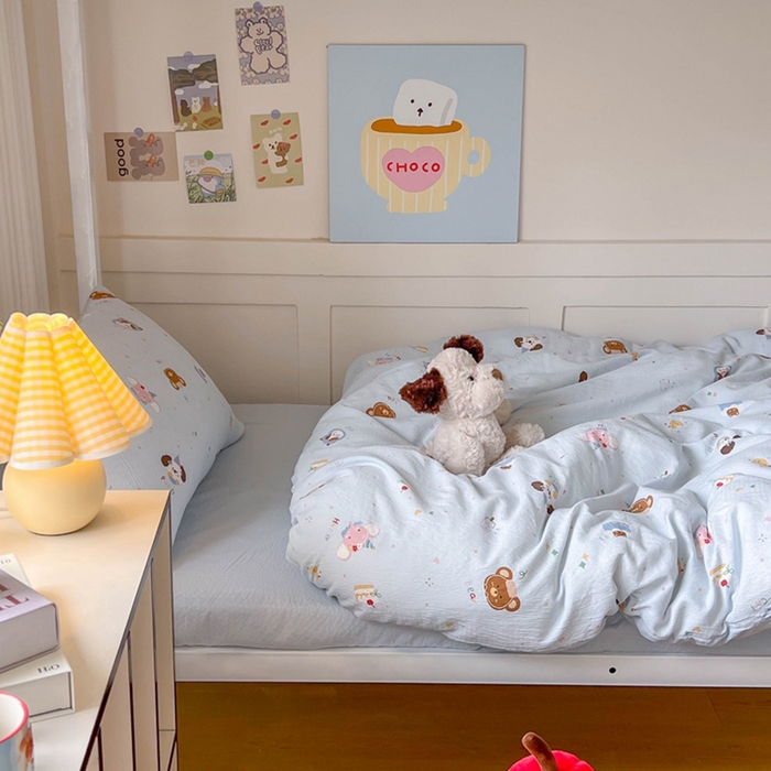 91家纺网 家纺一手货源 找家纺 玉海棠家纺 2025新款云感双层纱提花学生宿舍三件套上下铺三件套 动物狂欢会蓝