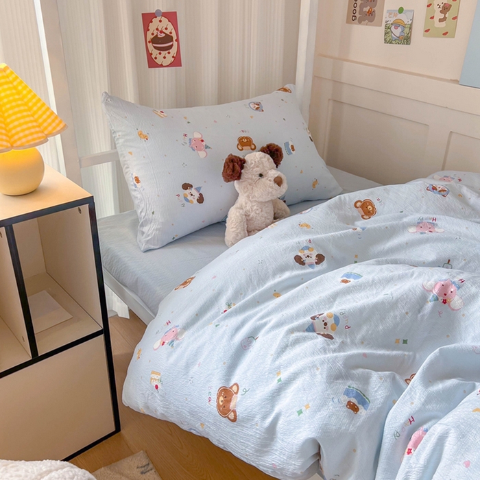 91家纺网 家纺一手货源 找家纺 玉海棠家纺 2025新款云感双层纱提花学生宿舍三件套上下铺三件套 动物狂欢会蓝