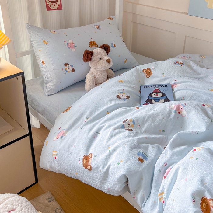 91家纺网 家纺一手货源 找家纺 玉海棠家纺 2025新款云感双层纱提花学生宿舍三件套上下铺三件套 动物狂欢会蓝