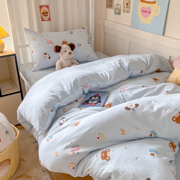 91家纺网 家纺一手货源 找家纺 玉海棠家纺 2025新款云感双层纱提花学生宿舍三件套上下铺三件套 动物狂欢会蓝