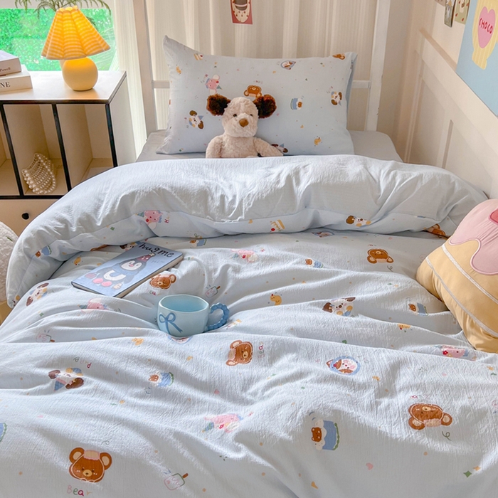 91家纺网 家纺一手货源 找家纺 玉海棠家纺 2025新款云感双层纱提花学生宿舍三件套上下铺三件套 动物狂欢会蓝