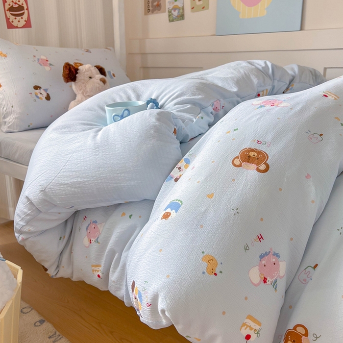 91家纺网 家纺一手货源 找家纺 玉海棠家纺 2025新款云感双层纱提花学生宿舍三件套上下铺三件套 动物狂欢会蓝