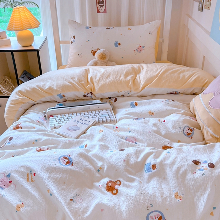 91家纺网 家纺一手货源 找家纺 玉海棠家纺 2025新款云感双层纱提花学生宿舍三件套上下铺三件套 动物狂欢会米