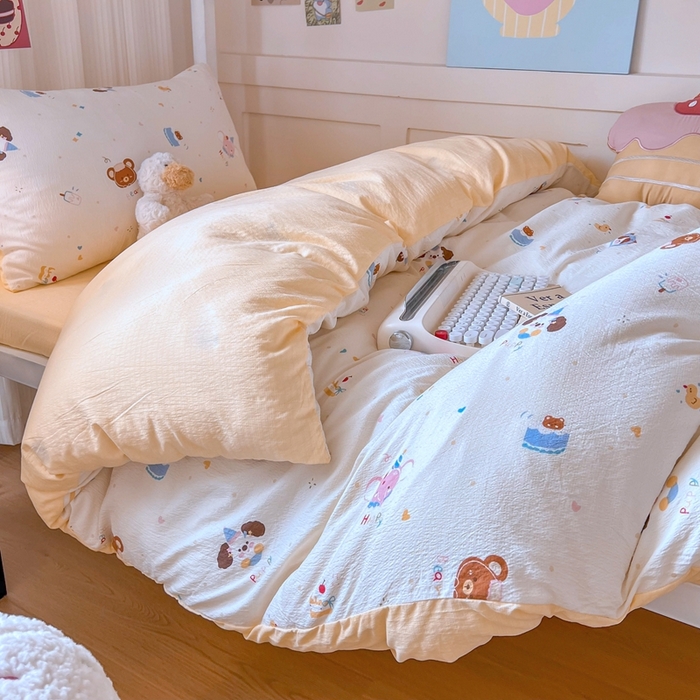 91家纺网 家纺一手货源 找家纺 玉海棠家纺 2025新款云感双层纱提花学生宿舍三件套上下铺三件套 动物狂欢会米