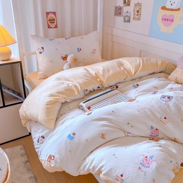 91家纺网 家纺一手货源 找家纺 玉海棠家纺 2025新款云感双层纱提花学生宿舍三件套上下铺三件套 动物狂欢会米