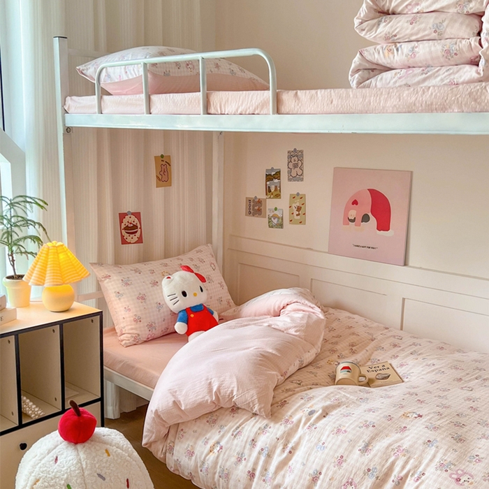 玉海棠家纺 2025新款云感双层纱提花学生宿舍三件套上下铺三件套 花园小猫