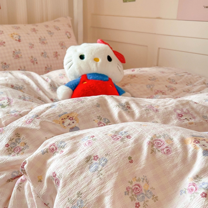 91家纺网 家纺一手货源 找家纺 玉海棠家纺 2025新款云感双层纱提花学生宿舍三件套上下铺三件套 花园小猫