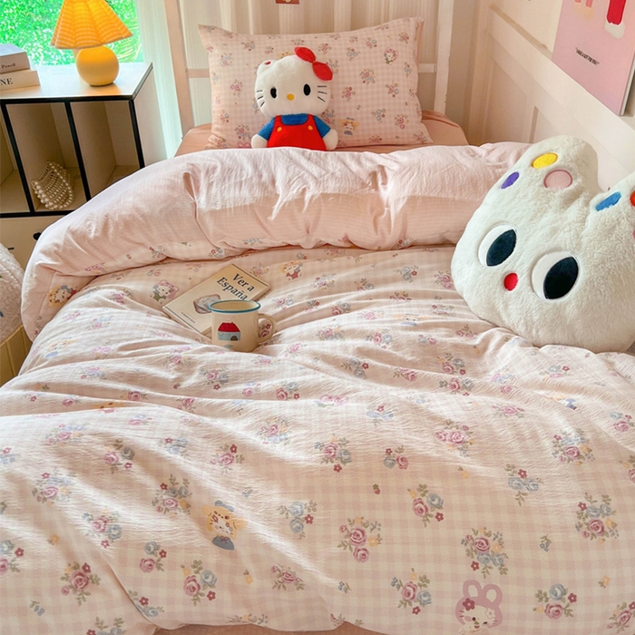 91家纺网 家纺一手货源 找家纺 玉海棠家纺 2025新款云感双层纱提花学生宿舍三件套上下铺三件套 花园小猫