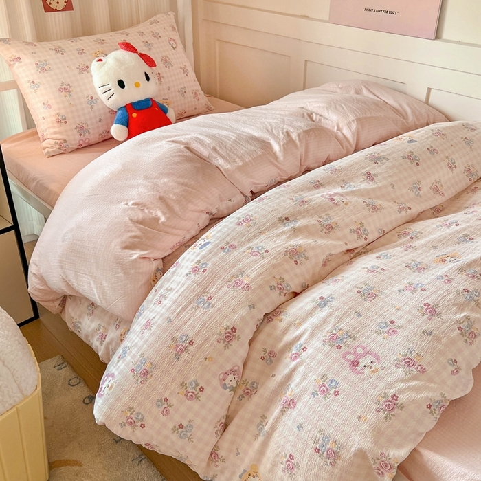 91家纺网 家纺一手货源 找家纺 玉海棠家纺 2025新款云感双层纱提花学生宿舍三件套上下铺三件套 花园小猫