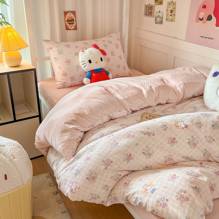 91家纺网 家纺一手货源 找家纺 玉海棠家纺 2025新款云感双层纱提花学生宿舍三件套上下铺三件套 花园小猫