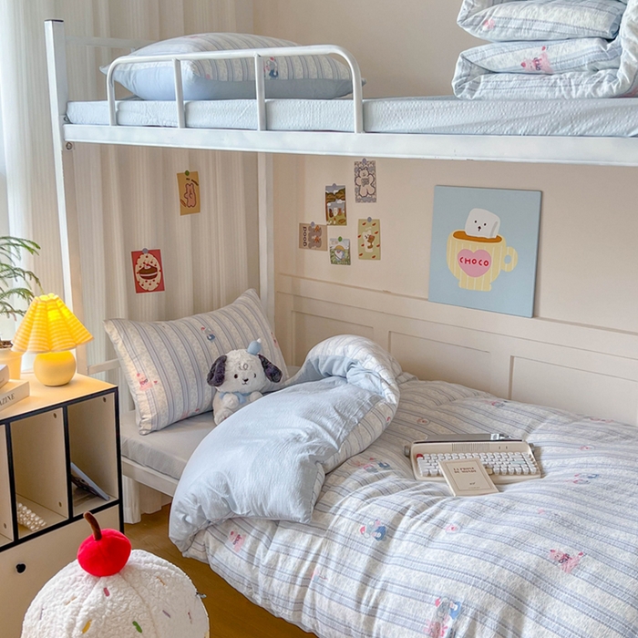 玉海棠家纺 2025新款云感双层纱提花学生宿舍三件套上下铺三件套 蓝色小象