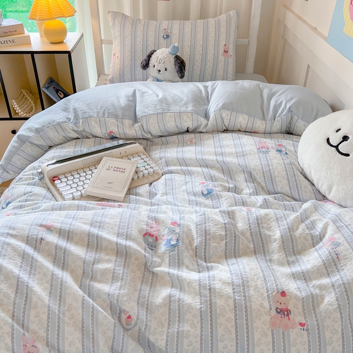 91家纺网 家纺一手货源 找家纺 玉海棠家纺 2025新款云感双层纱提花学生宿舍三件套上下铺三件套 蓝色小象