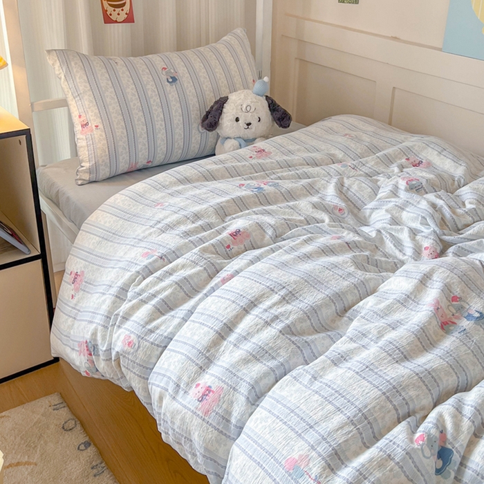 91家纺网 家纺一手货源 找家纺 玉海棠家纺 2025新款云感双层纱提花学生宿舍三件套上下铺三件套 蓝色小象