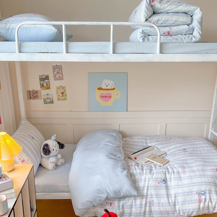 91家纺网 家纺一手货源 找家纺 玉海棠家纺 2025新款云感双层纱提花学生宿舍三件套上下铺三件套 蓝色小象