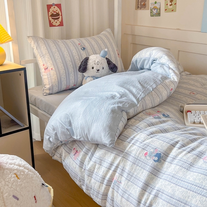 91家纺网 家纺一手货源 找家纺 玉海棠家纺 2025新款云感双层纱提花学生宿舍三件套上下铺三件套 蓝色小象