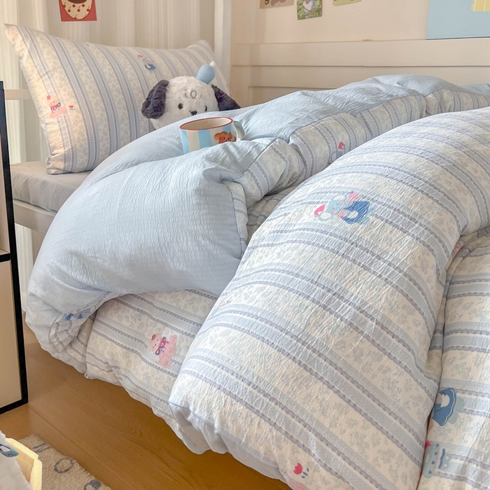 91家纺网 家纺一手货源 找家纺 玉海棠家纺 2025新款云感双层纱提花学生宿舍三件套上下铺三件套 蓝色小象