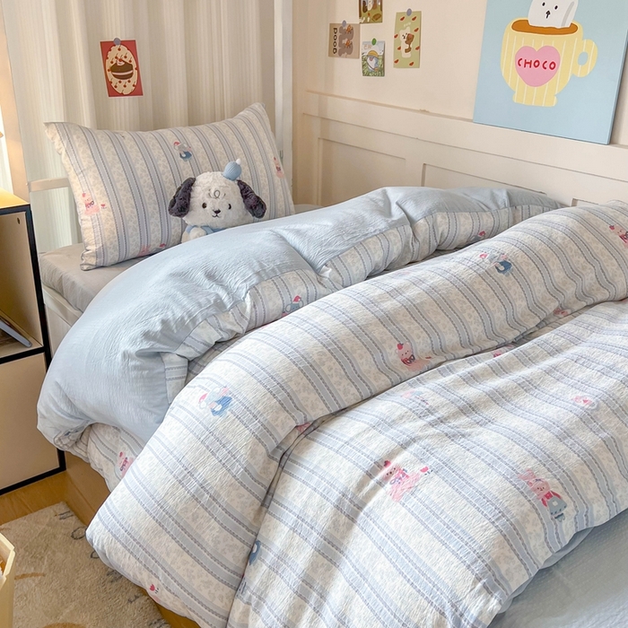 91家纺网 家纺一手货源 找家纺 玉海棠家纺 2025新款云感双层纱提花学生宿舍三件套上下铺三件套 蓝色小象