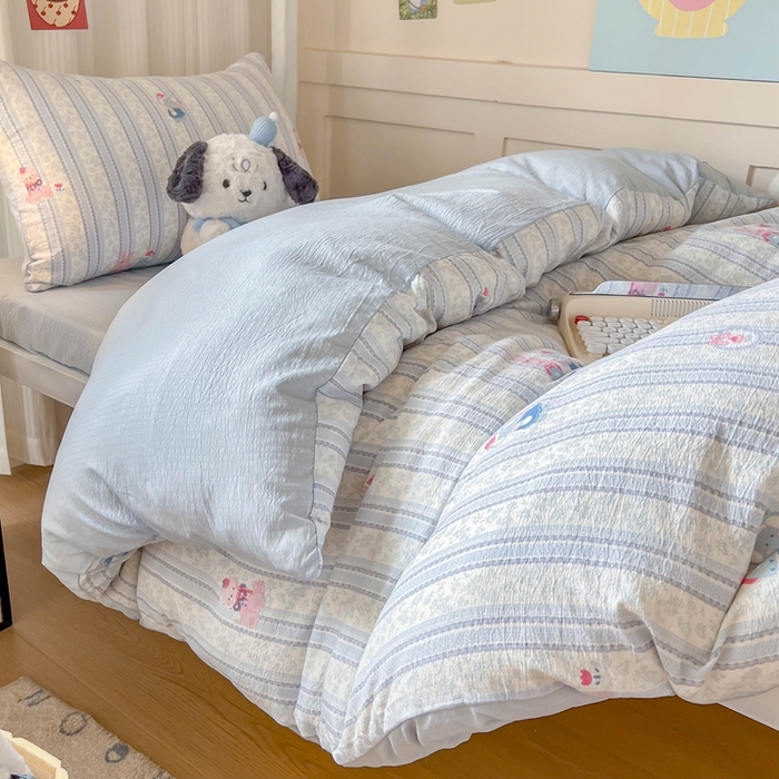 91家纺网 家纺一手货源 找家纺 玉海棠家纺 2025新款云感双层纱提花学生宿舍三件套上下铺三件套 蓝色小象