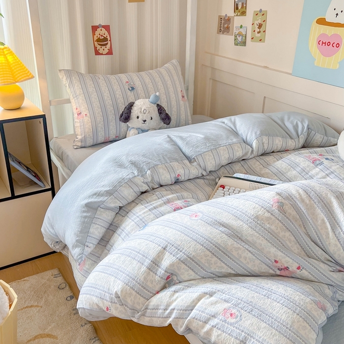 91家纺网 家纺一手货源 找家纺 玉海棠家纺 2025新款云感双层纱提花学生宿舍三件套上下铺三件套 蓝色小象