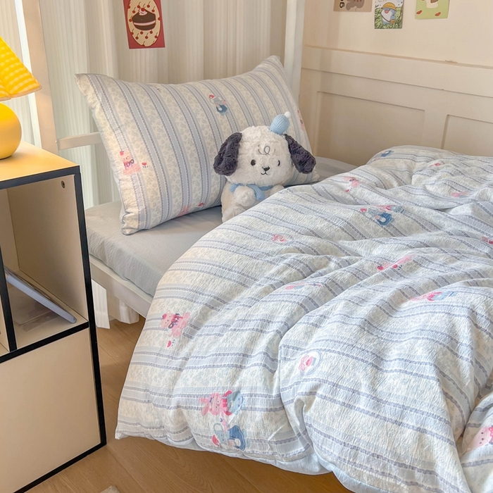 91家纺网 家纺一手货源 找家纺 玉海棠家纺 2025新款云感双层纱提花学生宿舍三件套上下铺三件套 蓝色小象