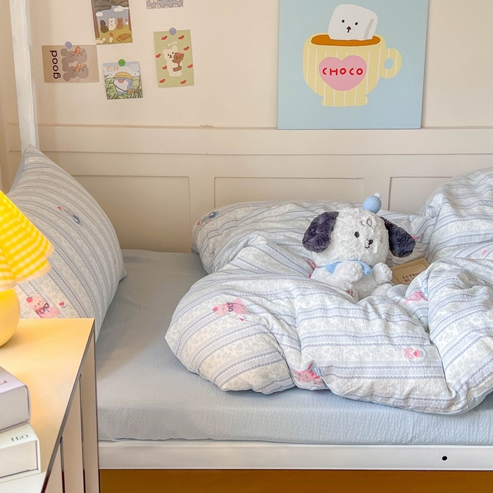 91家纺网 家纺一手货源 找家纺 玉海棠家纺 2025新款云感双层纱提花学生宿舍三件套上下铺三件套 蓝色小象