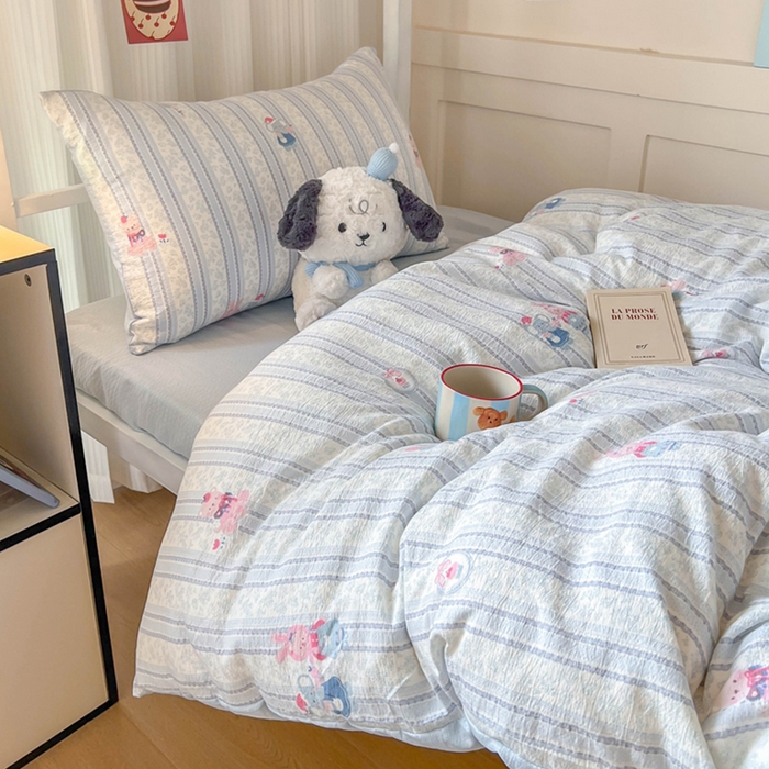 91家纺网 家纺一手货源 找家纺 玉海棠家纺 2025新款云感双层纱提花学生宿舍三件套上下铺三件套 蓝色小象