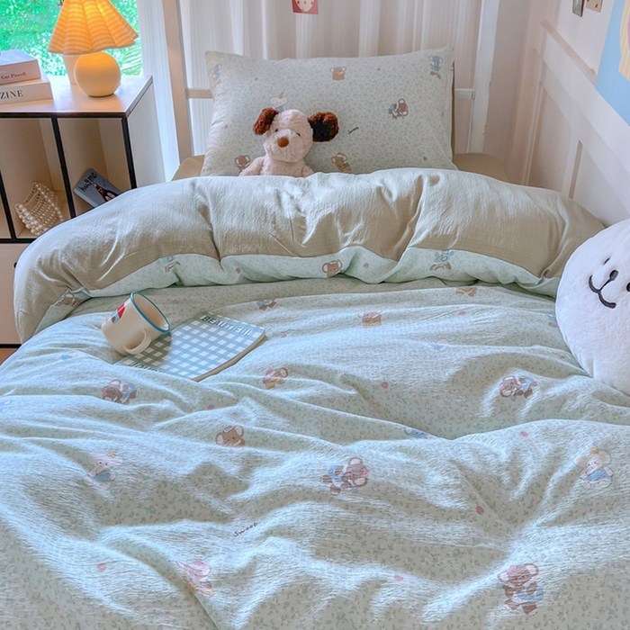 91家纺网 家纺一手货源 找家纺 玉海棠家纺 2025新款云感双层纱提花学生宿舍三件套上下铺三件套 绿色小象