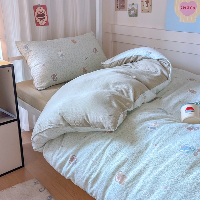 91家纺网 家纺一手货源 找家纺 玉海棠家纺 2025新款云感双层纱提花学生宿舍三件套上下铺三件套 绿色小象